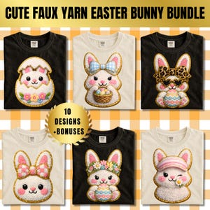 Könnte beinhalten: Sechs T-Shirts mit niedlichen Osterhasen-Designs aus Kunstgarn. Die Hasen-Illustrationen zeigen Eier, Schleifen und Sonnenbrillen. Der Text "10 DESIGNS + BONUSES" ist ebenfalls zu sehen. Geeignet für Ostern.