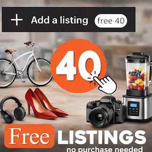 Könnte beinhalten: Werbung mit einem weißen Fahrrad, roten High Heels, schwarzen Kopfhörern, einer Kamera und einem Mixer voller Früchte. Der Text enthält "Eintrag hinzufügen" und "Kostenlose Angebote". Ein orangefarbener Kreis mit der Zahl "40" und einem Zeigefinger ist ebenfalls vorhanden.