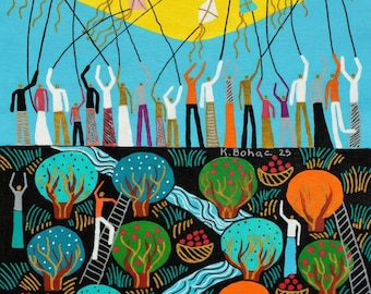 May include: Colorful folk art painting depicting people flying kites under a yellow sun against a blue sky. The lower half shows trees, a river, and people harvesting fruit. The artist's signature and date are visible.