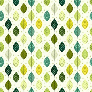 May include: A repeating pattern of stylized leaves in shades of green and yellow on a cream background. The leaves are arranged in a grid, with each leaf having a different design. Small, light green dots are scattered throughout the background.