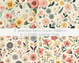 4 sömlösa retroblommönster i en ljus sommarton