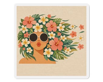 Floral Hair Woman die-cut magnet | Tropical Hibiscus Refrigerator Magnet