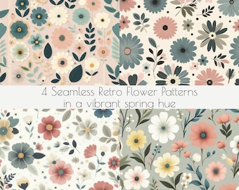 4 sömlösa retroblommor i en livfull vårton