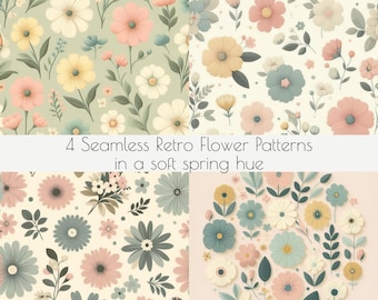 4 sömlösa retroblommönster i en mjuk vårton