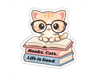Klistermärke med böcker och katter, livet är bra | Stansat klistermärke
