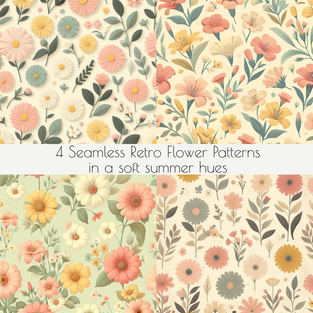 4 Seamless Retro Flower Patterns in a Soft Summer Tone - Etsy