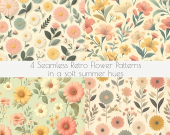 4 sömlösa retroblommönster i en mjuk sommarton