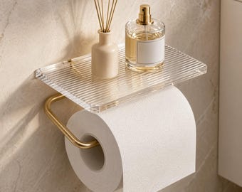 Soporte de papel higiénico de pared con estante acrílico – Almacenamiento para baño en oro y plata