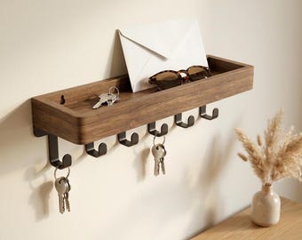 Estante flotante con 6 ganchos – Soporte de pared para llaves, organizador rústico de madera para el hogar
