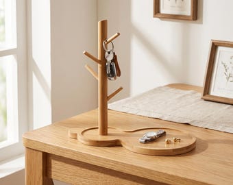 Bamboo Tree Branch Key Hanger with Storage Tray – Nordic Desktop Organizer Decor