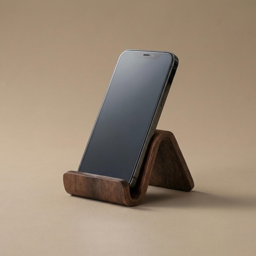 Walnut Wood Phone Stand – Curved Minimalist Design for Desk, Bedside ...
