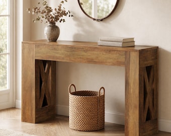 Mesa consola estilo rústico con cajones – Patas en forma de X, mesa auxiliar para recibidor o pasillo