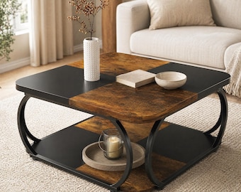 Large Square Coffee Table 2 Tier Storage – Wood Panel Top Curved Metal Frame