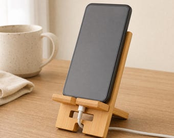 Bamboo Phone Stand – Desk Phone Holder for Charging, Tablet, Home Office Decor