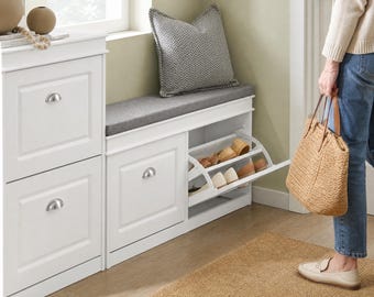 Shoe Storage Bench with Cushion – 2 Flip Drawers Entryway Seat White Hallway