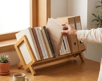 Estantería de escritorio de bambú – Organizador de libros de escritorio, pequeña librería, almacenamiento para oficina en casa