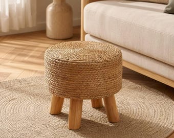Taburete redondo de ratán – Asiento de hierba tejida con patas de madera, estilo bohemio para sala de estar.
