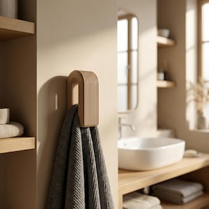 Könnte beinhalten: Ein beigefarbener Handtuchhaken aus Holz mit vertikalem, geriffeltem Design. Ein graues Handtuch hängt an dem Haken. Der Haken ist an einer hellbeigen Wand in einem Badezimmer angebracht. Das Badezimmer hat einen Waschtisch aus Holz und ein weißes Waschbecken.