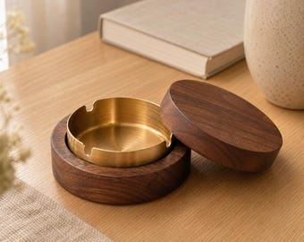 Cenicero de nogal con tapa – Inserto de acero inoxidable, resistente al viento, decoración para escritorio, hogar y oficina