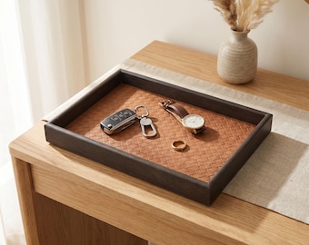 Bandeja de almacenamiento decorativa de cuero sintético tejido – Organizador de joyas para escritorio y tocador, decoración del hogar