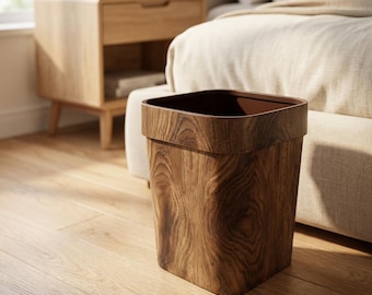 Papelera cuadrada con acabado de madera – Cubo de basura abierto de 12 litros para baño, dormitorio y oficina.