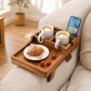 Mesa auxiliar de madera para reposabrazos de sofá, portavasos, organizador para mando a distancia y organizador lateral para sofá.