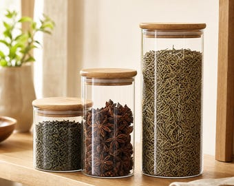 Barattolo in vetro con coperchio in legno – Contenitore ermetico da cucina per tè, caffè e zucchero