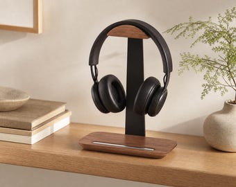 Wooden Headphone Stand – Aluminum Frame, Pen Slot, Desk Organizer for Home Office