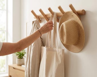 Appendiabiti a muro con 5 ganci in legno, ideale per ingresso e corridoio.