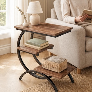 Puede incluir: Una mesa auxiliar de varios niveles con acabado de madera oscura y estructura de metal negro. El estante superior contiene una pequeña lámpara y un jarrón, mientras que los estantes inferiores exhiben libros y una cesta de mimbre. La mesa está junto a una ventana y un sillón beige.