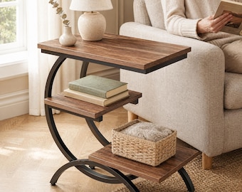 C-Shaped End Table with 3-Tier Shelves – Industrial Wood and Metal Sofa Side Table
