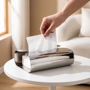 May include: A shiny, stainless steel tissue box with a curved design. A hand is reaching in to grab a white tissue from the opening. The tissue box is on a white table.