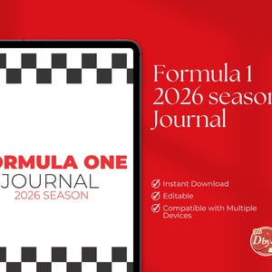 May include: A digital Formula 1 2026 season journal displayed on a tablet. The journal's cover features the text "Formula One Journal 2026 Season" in red. The background is red with white text and a black and white checkered pattern.