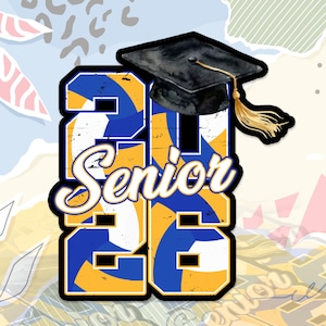 Puede incluir: Un gr&aacute;fico colorido para la clase de graduaci&oacute;n de 2026. El dise&ntilde;o presenta el texto "Senior 26" en una fuente audaz y estilizada, con un birrete. Los n&uacute;meros est&aacute;n rellenos con un patr&oacute;n de voleibol azul y amarillo.