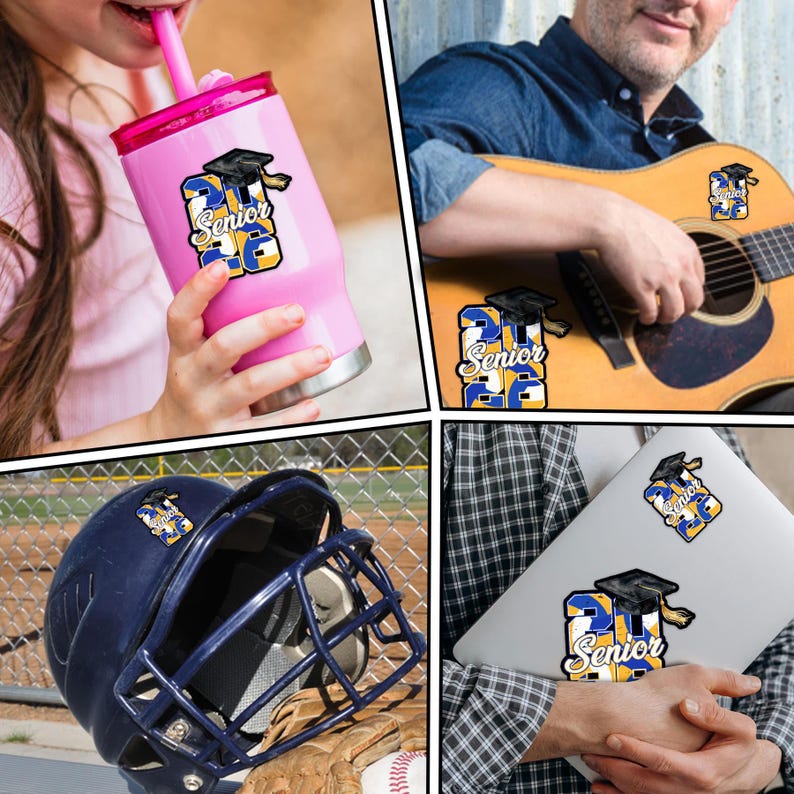 Puede incluir: Un collage de im&aacute;genes con pegatinas con un birrete y el texto "Senior 23". Las pegatinas est&aacute;n en un vaso rosa, una guitarra, un casco de b&eacute;isbol y un port&aacute;til. Las pegatinas tienen una combinaci&oacute;n de colores negro, azul y amarillo.