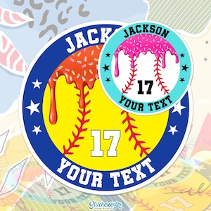 May include: A circular sticker with a baseball theme. It features a yellow background, blue border, and a baseball design with red stitching. The number 17 and the text "YOUR TEXT" are included. A smaller circle has a pink donut design and the name "JACKSON".