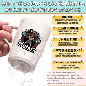 May include: White ceramic mug with a sticker featuring a knight lifting weights, with the text "Bost Thou Even Hoist?". The mug is labeled as waterproof, weather-resistant, and easy to clean. Additional text describes the sticker's durability, clean removal, and UV and water resistance.