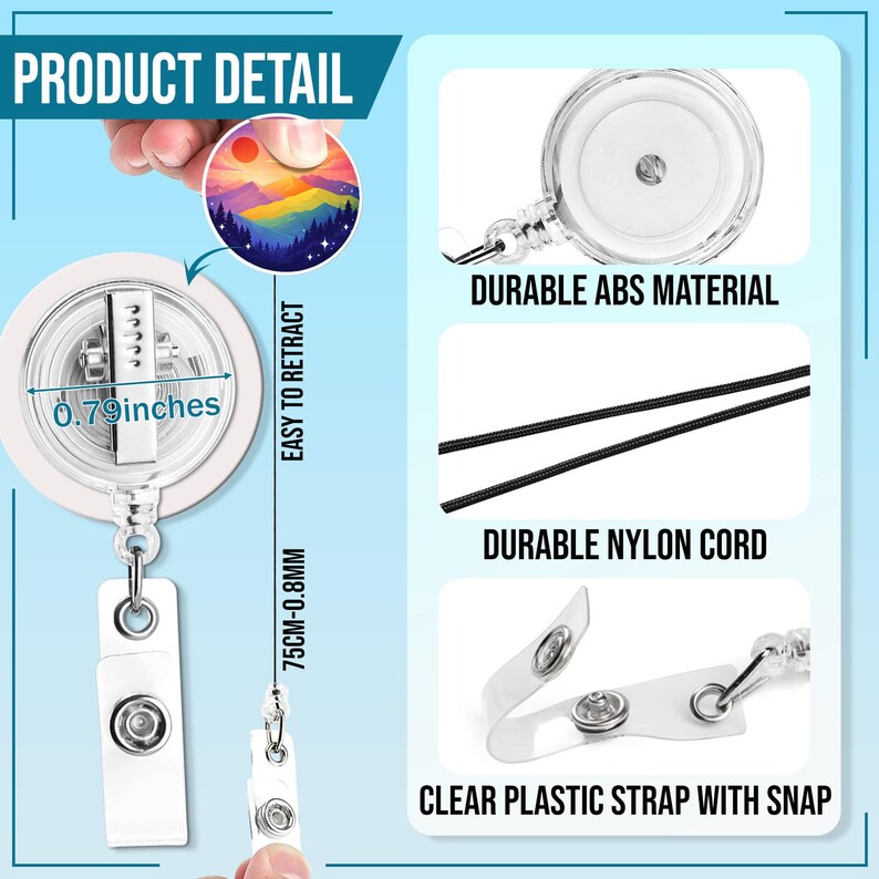 May include: A white retractable badge holder with a clear plastic strap and snap. The holder is made of durable ABS material and features a durable nylon cord. The badge holder is 0.79 inches in diameter and 75cm-0.8mm in length. The text "PRODUCT DETAIL" is visible.