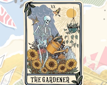 The Gardener Tarot Card Sticker Funny Plant Skull Skeleton Floral Botanical Gardening Decal For Water Bottle, Laptop