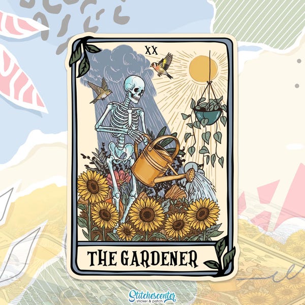 The Gardener Tarot Card Sticker Funny Plant Skull Skeleton Floral Botanical Gardening Decal For Water Bottle, Laptop