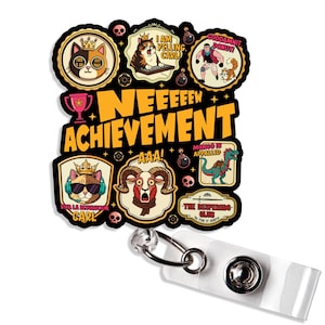 May include: A black and yellow achievement badge with cartoon illustrations and text. The badge features cats, a ram, a dinosaur, and a man. Text includes "NEEEEEW ACHIEVEMENT AAA!" and "VIVA LA REVOLUCION CARL".