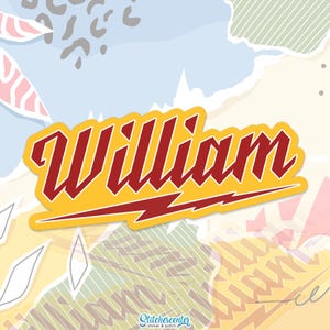 May include: A yellow sticker featuring the name "William" in red, cursive lettering. A red lightning bolt design is beneath the name. The sticker has a white border and is set against a colourful, abstract background.