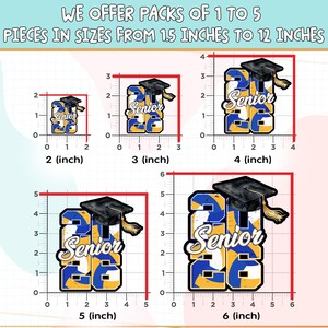 Puede incluir: Pegatinas con tem&aacute;tica de graduaci&oacute;n en varios tama&ntilde;os, con el texto "Senior 2023" en azul y dorado, coronadas con un birrete negro. Tama&ntilde;os de 5,08 cm a 15,24 cm.