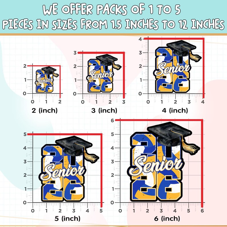 Puede incluir: Pegatinas con tem&aacute;tica de graduaci&oacute;n en varios tama&ntilde;os, con el texto "Senior 2023" en azul y dorado, coronadas con un birrete negro. Tama&ntilde;os de 5,08 cm a 15,24 cm.