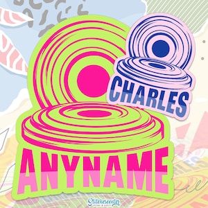 May include: A vibrant sticker design featuring a neon green and pink color scheme. The design includes a large, circular shape with concentric lines, and the word "ANYNAME" in pink and green. The word "CHARLES" is also displayed.