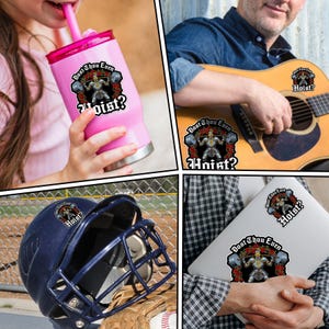 May include: A collage of images featuring stickers with the text "Dost Thou Even Hoist?" and a graphic of a weightlifter. The stickers are shown on a pink tumbler, a guitar, a laptop, and a baseball helmet.