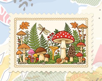 Mushroom Forest Stamp Sticker Cottagecore Botanical Nature Woodland Decal For Water Bottle, Laptop