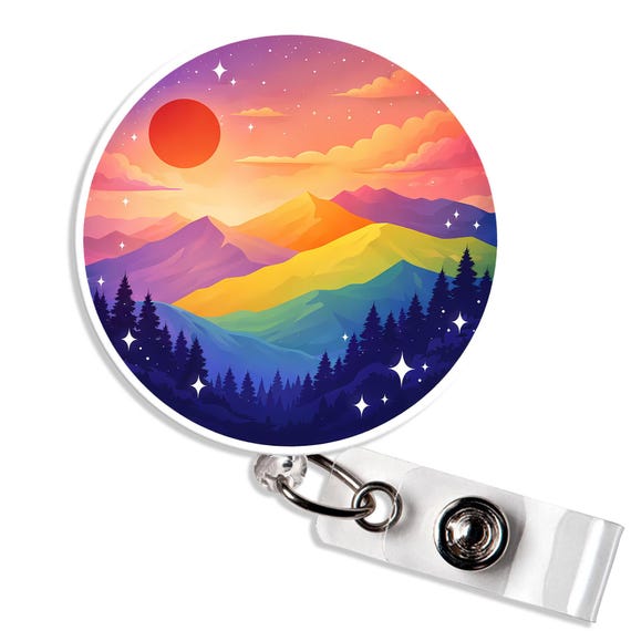 Pride Mountain Badge Reel LGBTQ+ Queer Outdoor Nature Lovers Hiking Aesthetic Badge Holder Gift for Nurse Teacher