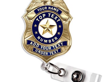 Custom Police Name And Number Badge Reel Personalized Police Gold Shield Custom Police Badge Holder Gift for Nurse Teacher