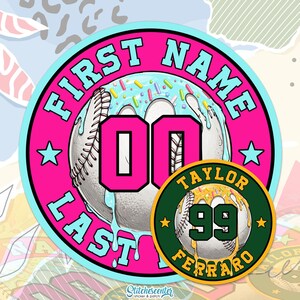 May include: A circular sticker with a baseball theme. The main sticker has a pink border with the words "FIRST NAME" and "LAST NAME" in light blue. A baseball with the number "00" is in the center. A smaller sticker has the name "TAYLOR FERRARO" and the number "99".